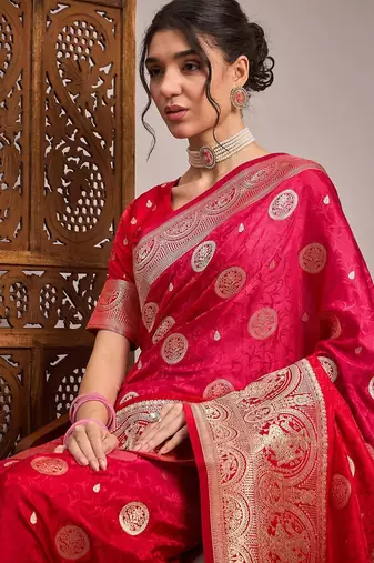 Pink woven design zari satin banarasi saree