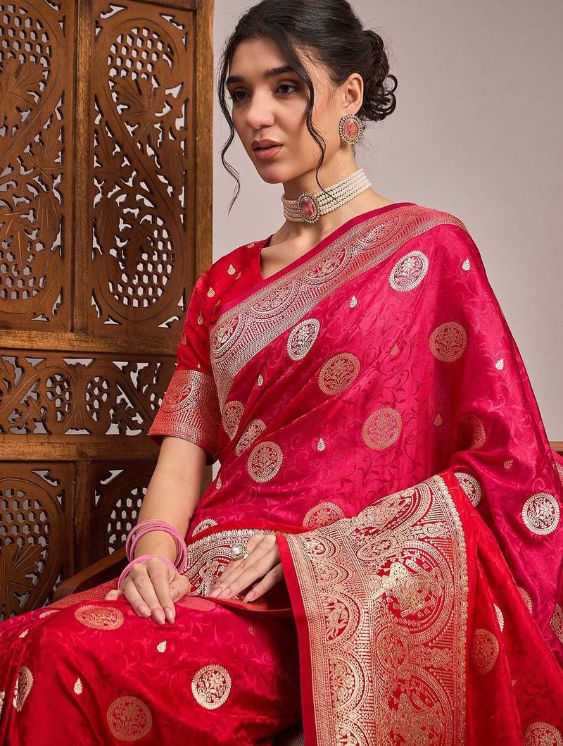 Pink woven design zari satin banarasi saree