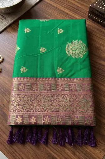 green banarasi silk blend saree with wine border for women festive wedding traditional party wear