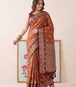 rust banarasi silk blend saree with maroon border for women festive wedding traditional party wear