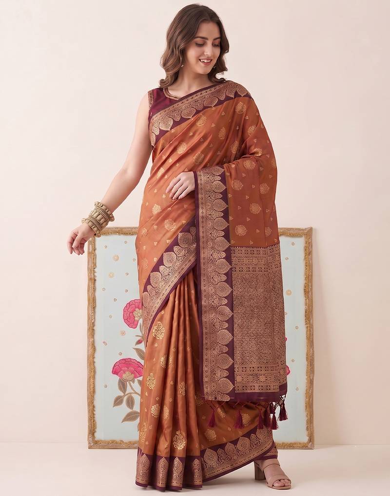 rust banarasi silk blend saree with maroon border for women festive wedding traditional party wear