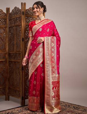 Pink woven design zari satin banarasi saree 1