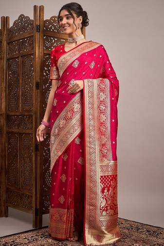 Pink woven design zari satin banarasi saree