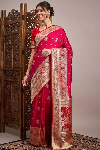 Pink woven design zari satin banarasi saree