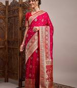 Pink woven design zari satin banarasi saree