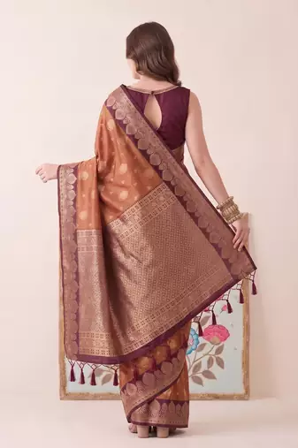 rust banarasi silk blend saree with maroon border for women festive wedding traditional party wear