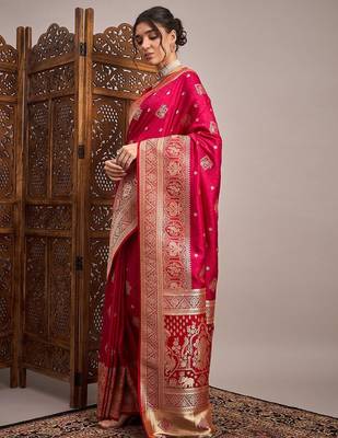 Pink woven design zari satin banarasi saree 2