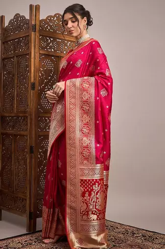 Pink woven design zari satin banarasi saree