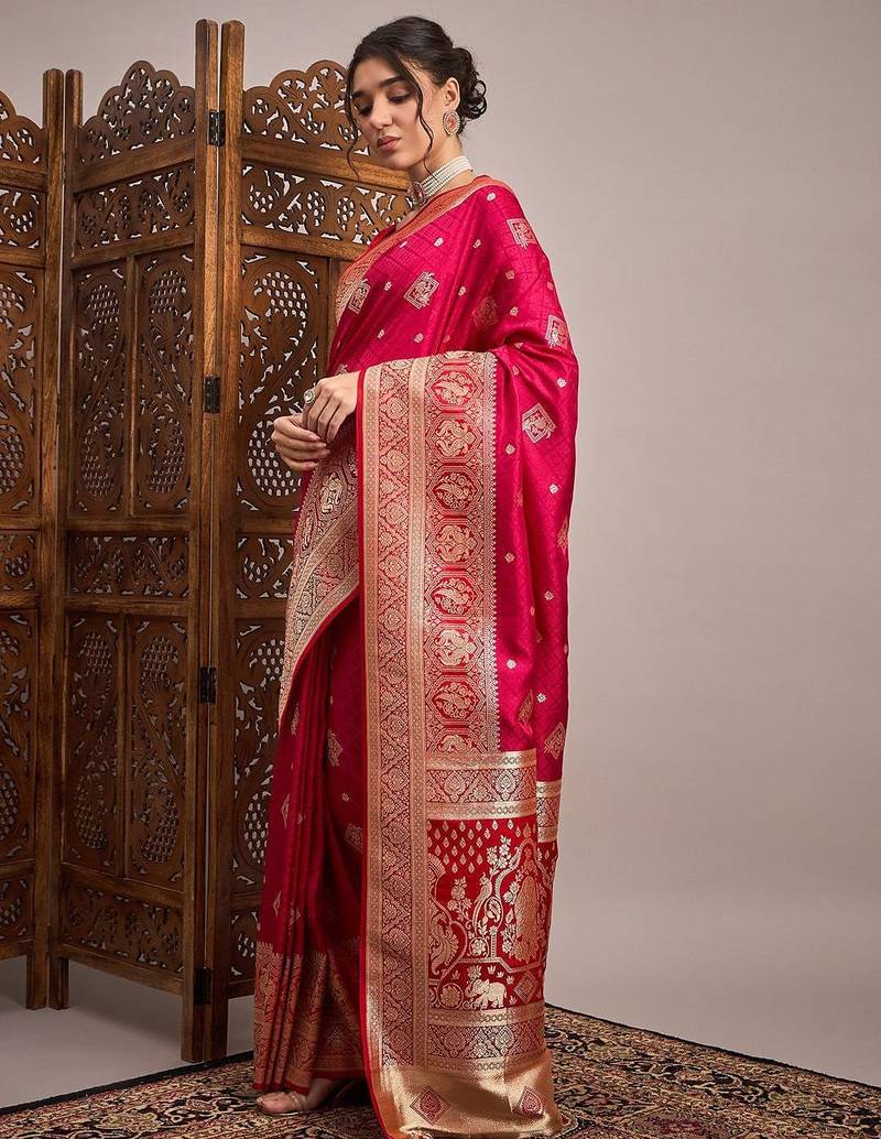 Pink woven design zari satin banarasi saree