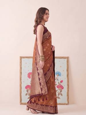 rust banarasi silk blend saree with maroon border for women festive wedding traditional party wear 3