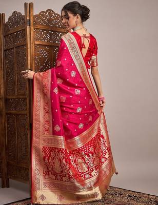 Pink woven design zari satin banarasi saree 3