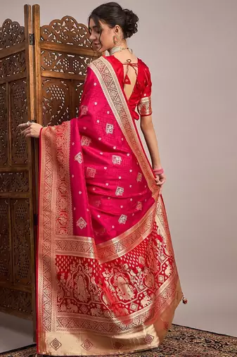 Pink woven design zari satin banarasi saree