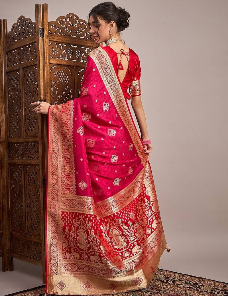 Pink woven design zari satin banarasi saree