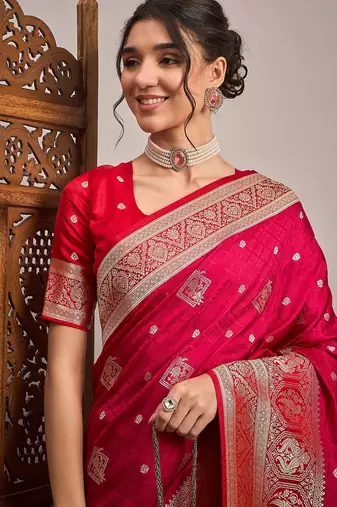 Pink woven design zari satin banarasi saree