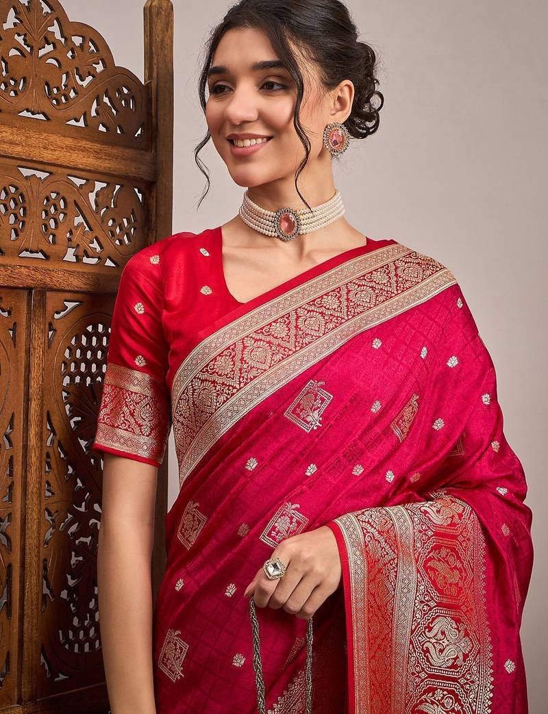 Pink woven design zari satin banarasi saree