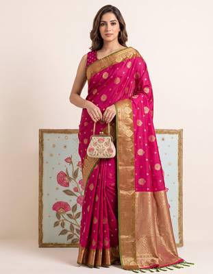 rani pink banarasi silk blend saree with olive green border women festive wedding traditional wear 1