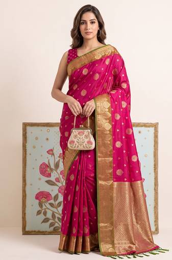rani pink banarasi silk blend saree with olive green border women festive wedding traditional wear