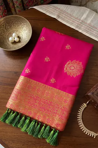 rani pink banarasi silk blend saree with olive green border women festive wedding traditional wear