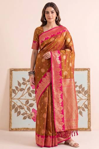 mustard banarasi silk blend saree with rani pink border for women festive wedding traditional wear