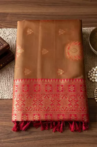 mustard banarasi silk blend saree with rani pink border for women festive wedding traditional wear