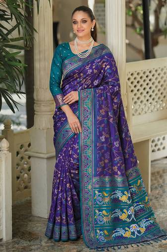 purple & teal blue pochampally soft saree for women | festive traditional wedding wear