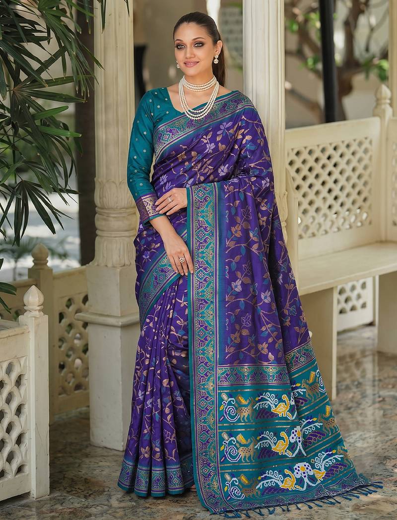 purple & teal blue pochampally soft saree for women | festive traditional wedding wear