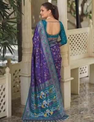 purple & teal blue pochampally soft saree for women | festive traditional wedding wear 2