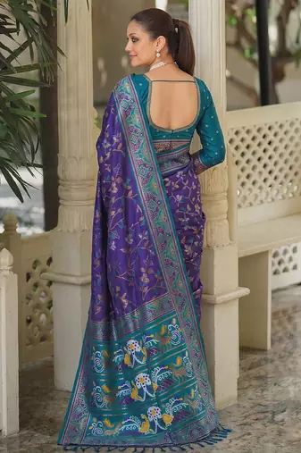 purple & teal blue pochampally soft saree for women | festive traditional wedding wear