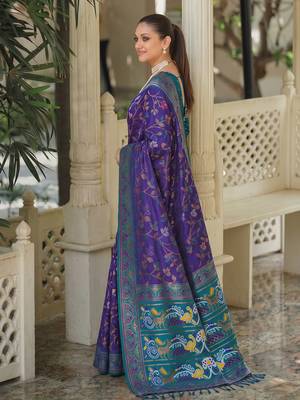 purple & teal blue pochampally soft saree for women | festive traditional wedding wear 3