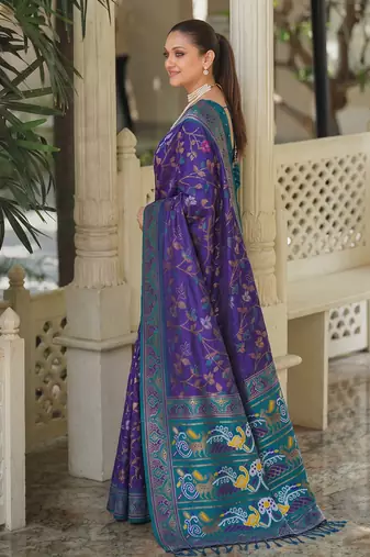 purple & teal blue pochampally soft saree for women | festive traditional wedding wear