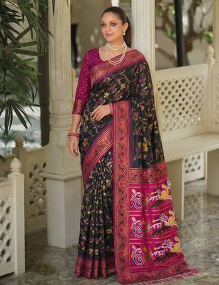 black & rani pink pochampally soft saree for women | festive party traditional wear 1