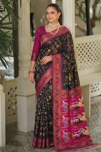 black & rani pink pochampally soft saree for women | festive party traditional wear