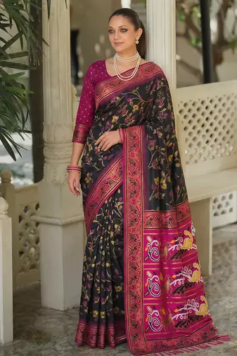 black & rani pink pochampally soft saree for women | festive party traditional wear