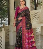 black & rani pink pochampally soft saree for women | festive party traditional wear