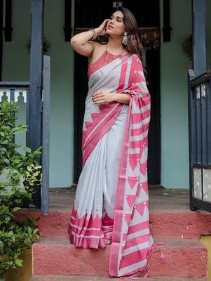 Pink geometric printed zari  linen saree 1