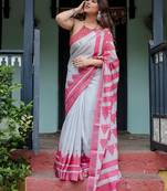 Pink geometric printed zari  linen saree
