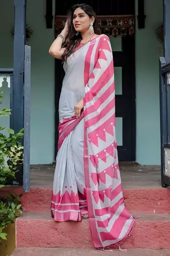 Pink geometric printed zari  linen saree