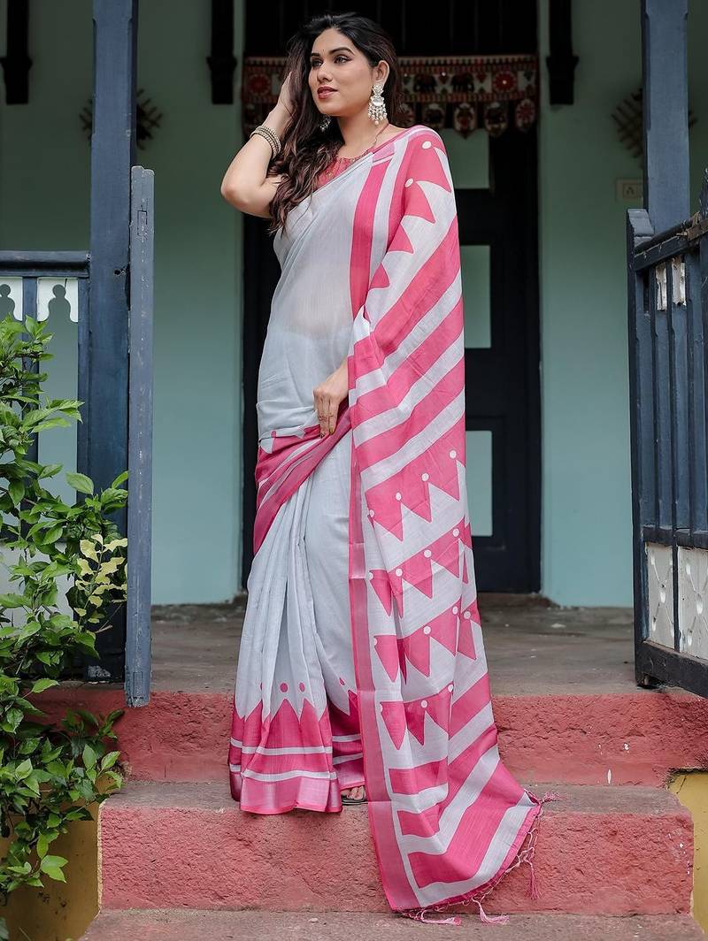 Pink geometric printed zari  linen saree