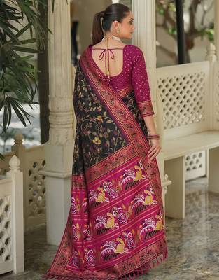 black & rani pink pochampally soft saree for women | festive party traditional wear 2