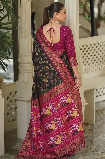 black & rani pink pochampally soft saree for women | festive party traditional wear