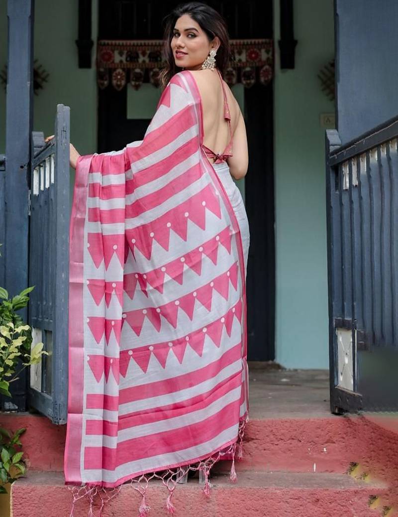 Pink geometric printed zari  linen saree