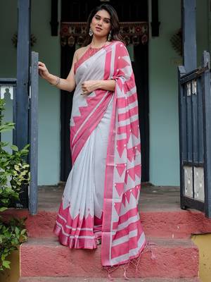 Pink geometric printed zari  linen saree 4