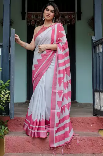 Pink geometric printed zari  linen saree