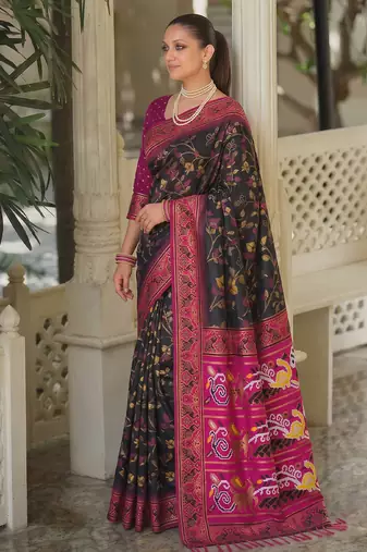 black & rani pink pochampally soft saree for women | festive party traditional wear