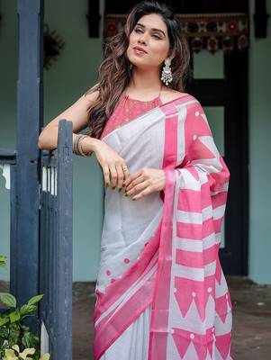 Pink geometric printed zari  linen saree 5