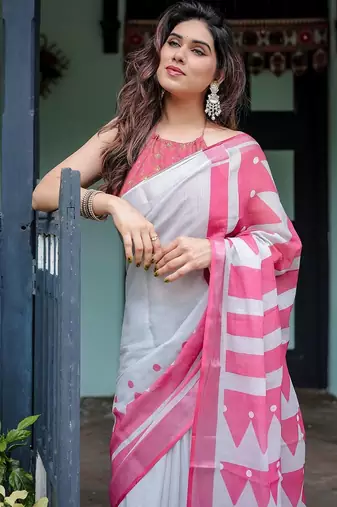 Pink geometric printed zari  linen saree
