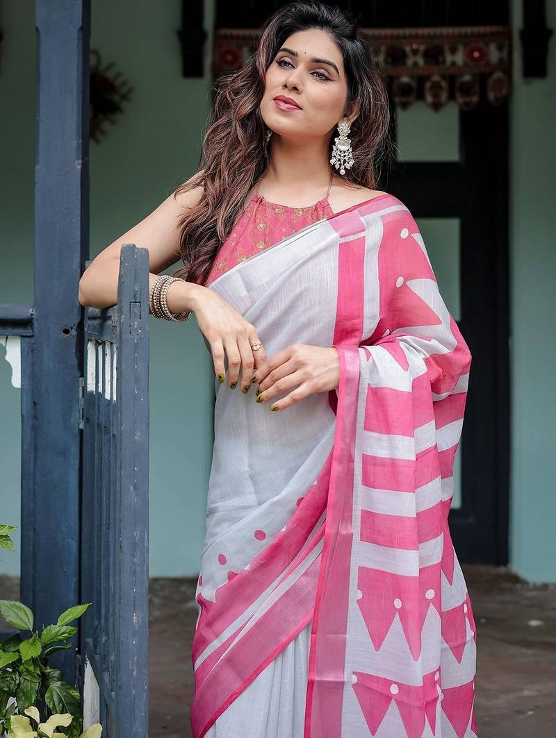 Pink geometric printed zari  linen saree