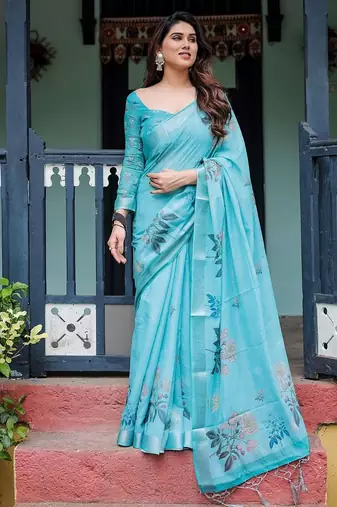 Blue floral printed  linen saree