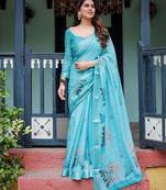 Blue floral printed  linen saree