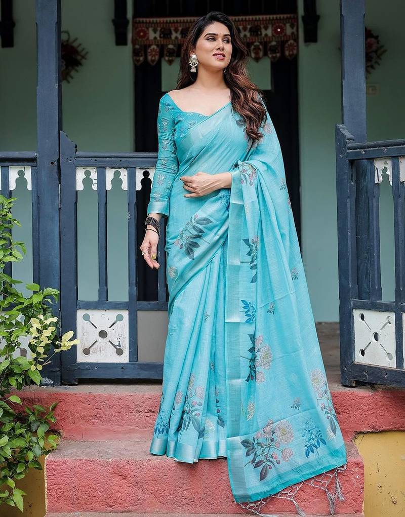 Blue floral printed  linen saree
